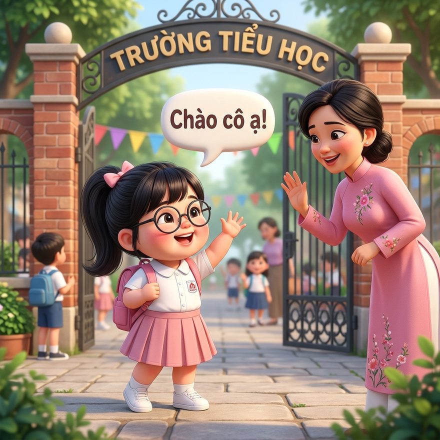 Buổi sáng đến trường — bé chào cô giáo thật tươi.