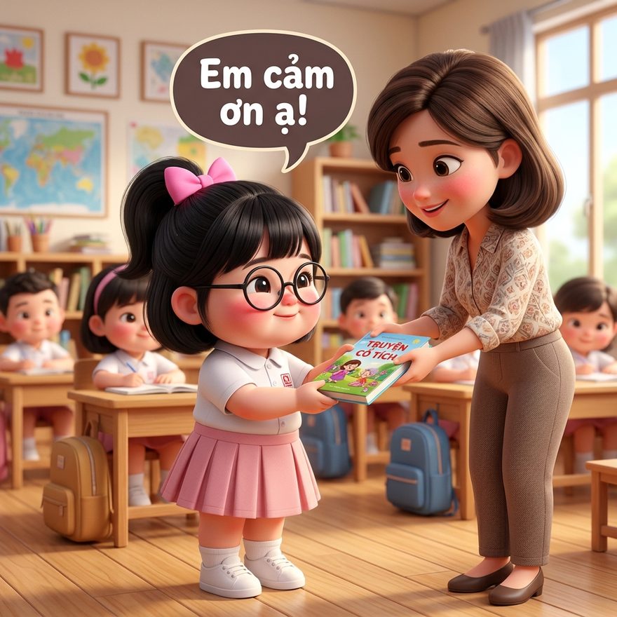 Nhận đồ bằng hai tay kèm lời cảm ơn — bé lịch sự liền.