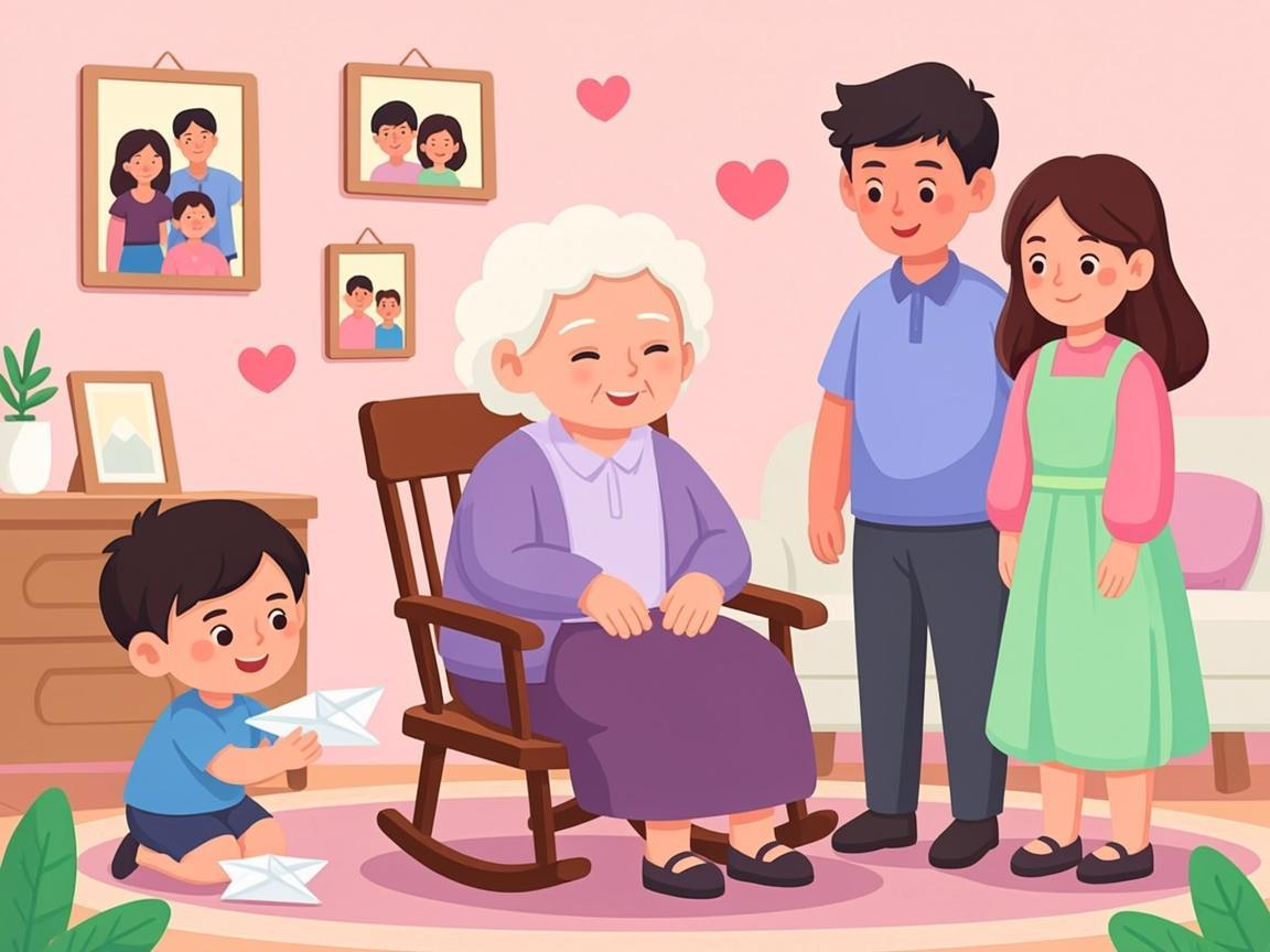 Cả gia đình ba thế hệ quây quần bên bà trong phòng khách ấm áp ánh đèn hồng