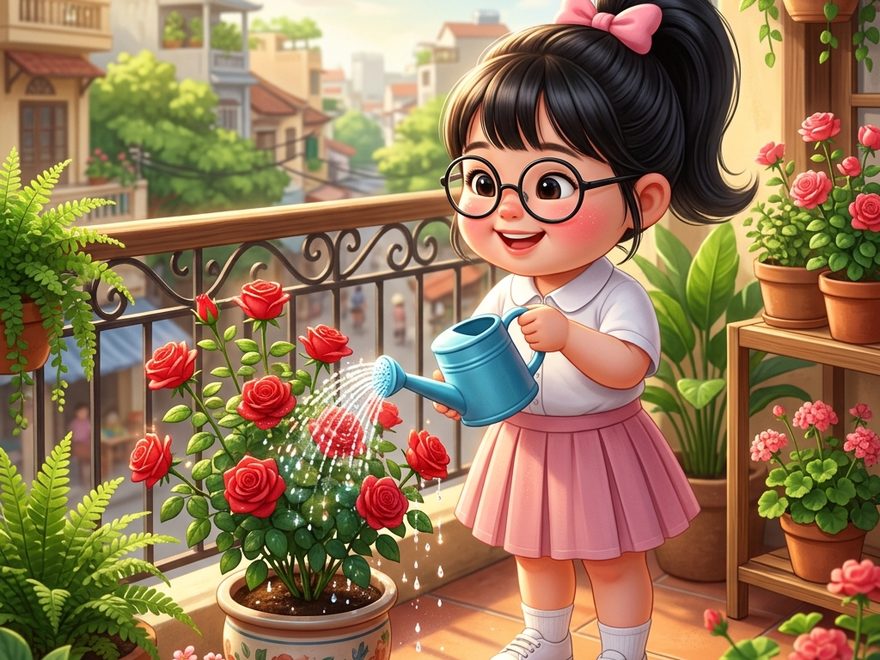 Bé tưới nước cho chậu hoa hồng đỏ trên ban công nhà