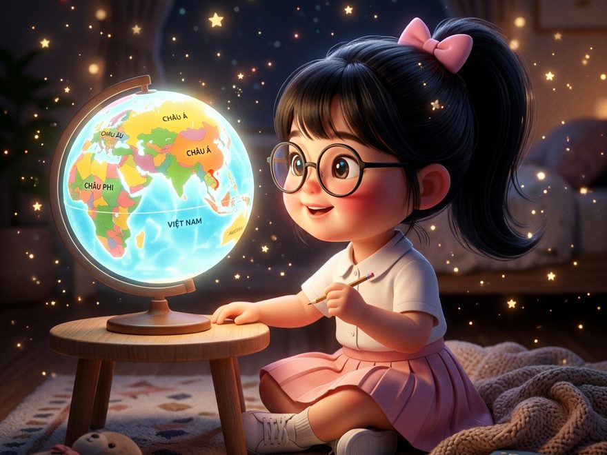 Bé ngồi xoay quả cầu địa cầu ghi Việt Nam, Châu Á giữa phòng đèn sao lấp lánh